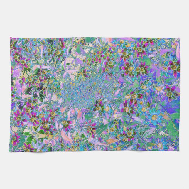 Retro Purple, Green and Blue Wildflowers on Pink Tea Towel (Horizontal)