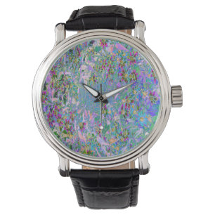 Retro Purple, Green and Blue Wildflowers on Pink Watch