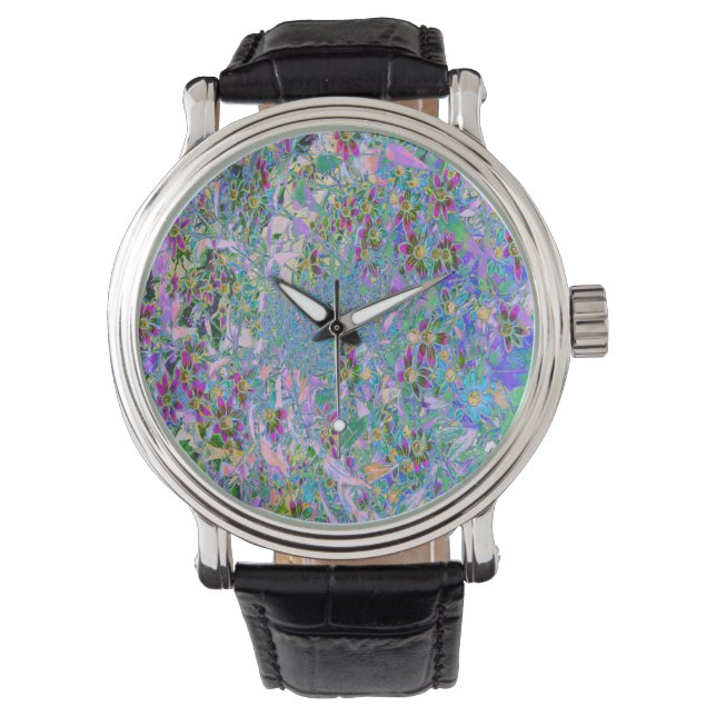 Retro Purple, Green and Blue Wildflowers on Pink Watch (Front)