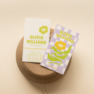 Retro Purple Green Groovy Checkered Floral Funky Business Card