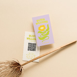 Retro Purple Green QR Code Groovy Trendy Floral Business Card