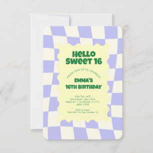 Retro Purple Groovy Chequered Sweet 16  Invitation