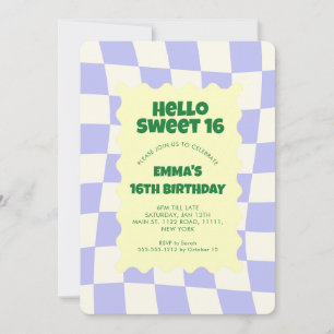 Retro Purple Groovy Chequered Sweet 16Birthday Par Invitation