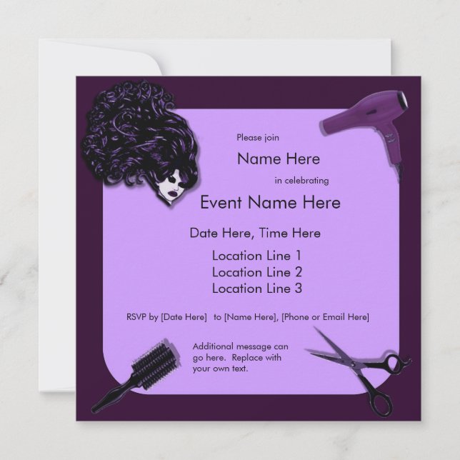 Retro Purple Hair Stylist Custom Invitations (Front)