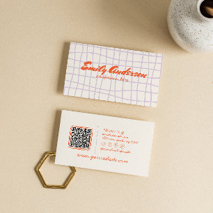 Retro Purple Hand Written Drawn Groovy QR Code Business Card