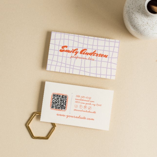 Retro Purple Hand Written Drawn Groovy QR Code Business Card (Creator Uploaded)