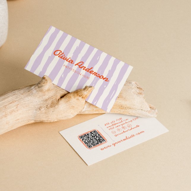 Retro Purple Hand Written Drawn Stripped QR Code Business Card (Creator Uploaded)