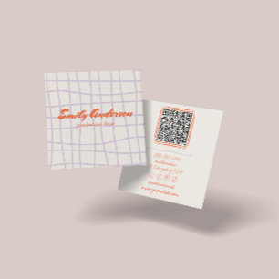 Retro Purple Hand Written Drawn Trendy QR Code Square Business Card