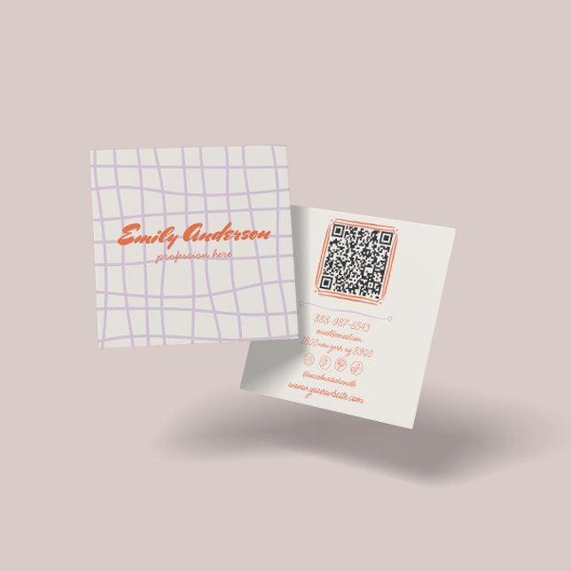 Retro Purple Hand Written Drawn Trendy QR Code Square Business Card (Creator Uploaded)
