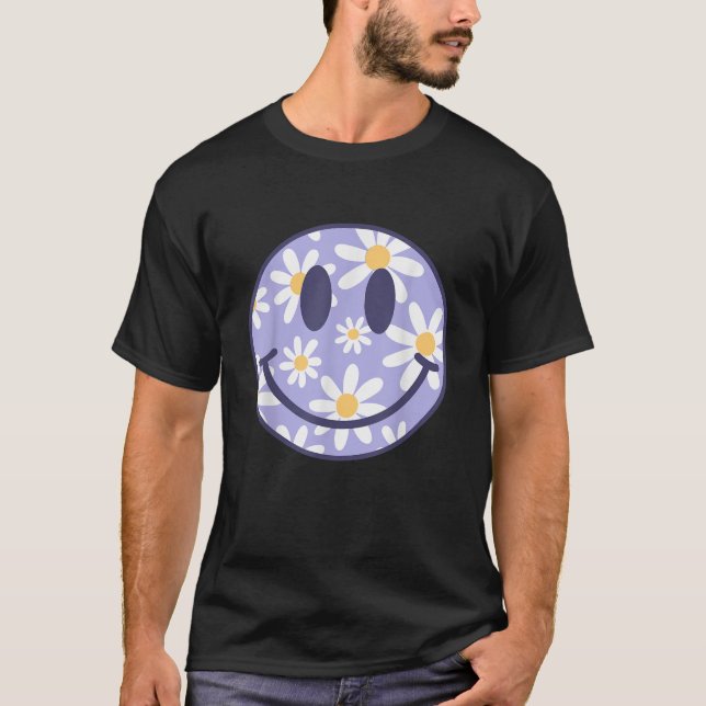 Retro Purple Happy Face Checkered Pattern Smile Fa T-Shirt (Front)