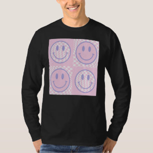 Retro Purple Happy Face  Chequered Pattern Trendy T-Shirt