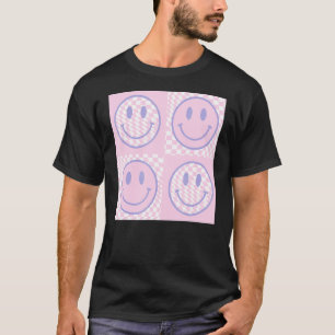 Retro Purple Happy Face Chequered Pattern Trendy T-Shirt