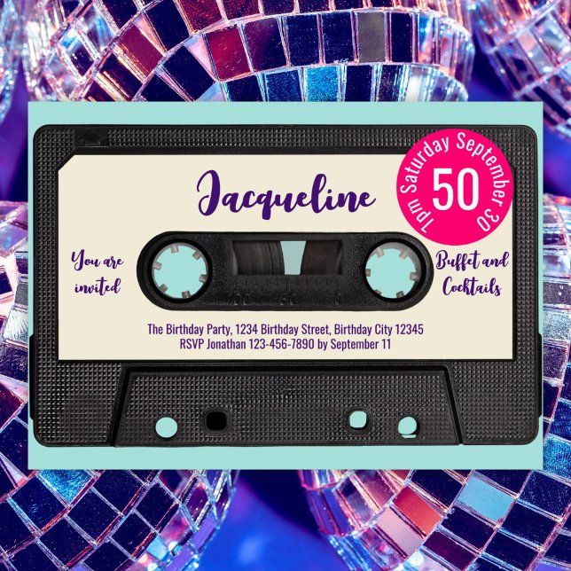 Retro Purple Music Cassette Mix Tape 50th Birthday Invitation (Creator Uploaded)