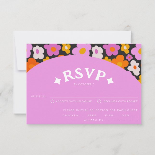 Retro Purple Orange Floral 70's Groovy Wedding RSVP Card (Front)