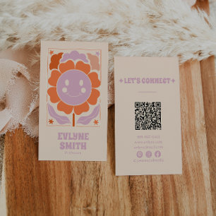 Retro Purple Orange QR Code Groovy Smiling Flower Business Card