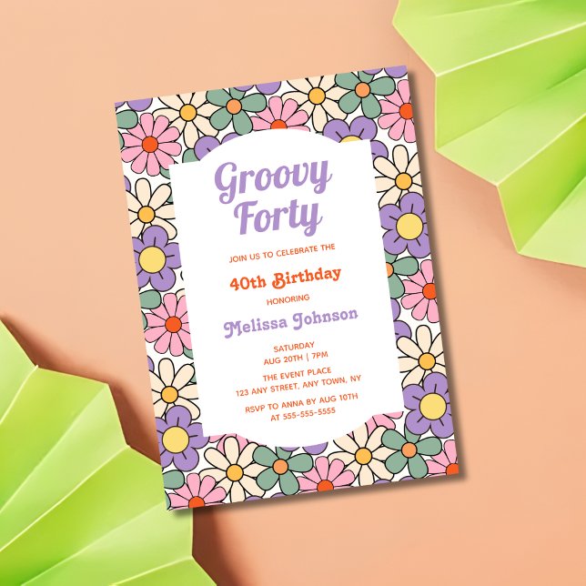 Retro Purple Pink Floral Groovy 40th Birthday Invitation (Creator Uploaded)