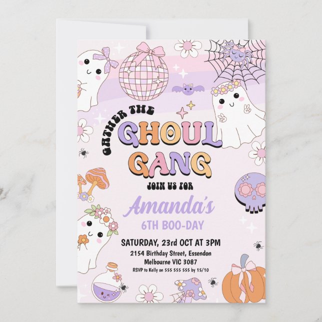 Retro Purple Pink Halloween Ghoul Gang Birthday Invitation (Front)