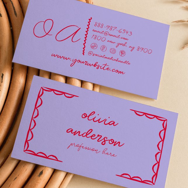 Retro Purple Red Hand Written Drawn Quirky Girly Business Card (Creator Uploaded)
