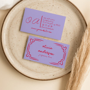 Retro Purple Red Handwritten Drawn Unique Girly Business Card
