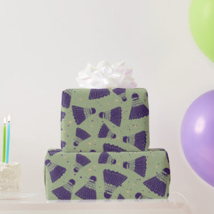 Retro Purple Shuttlecock Pattern on Green  Wrapping Paper