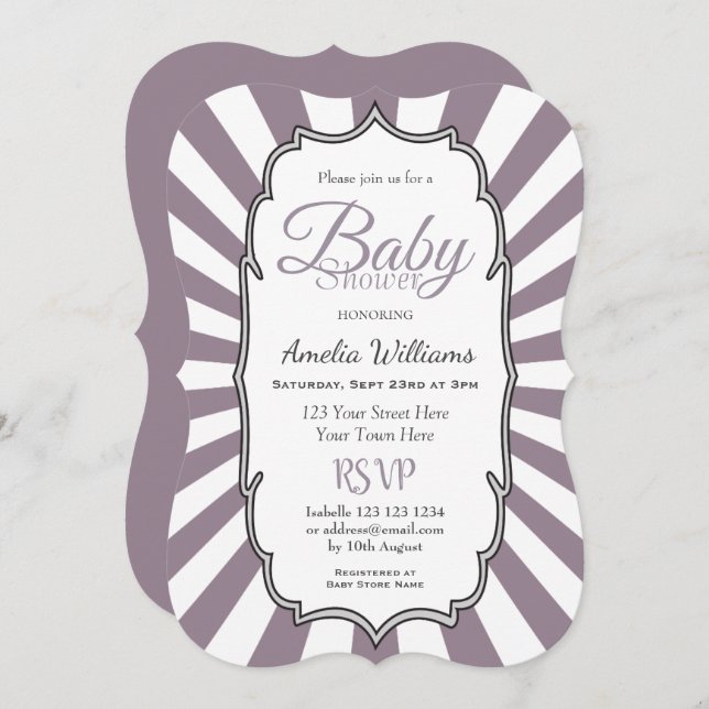 Retro Purple Sunbeam Striped Baby Shower Invitation (Front/Back)