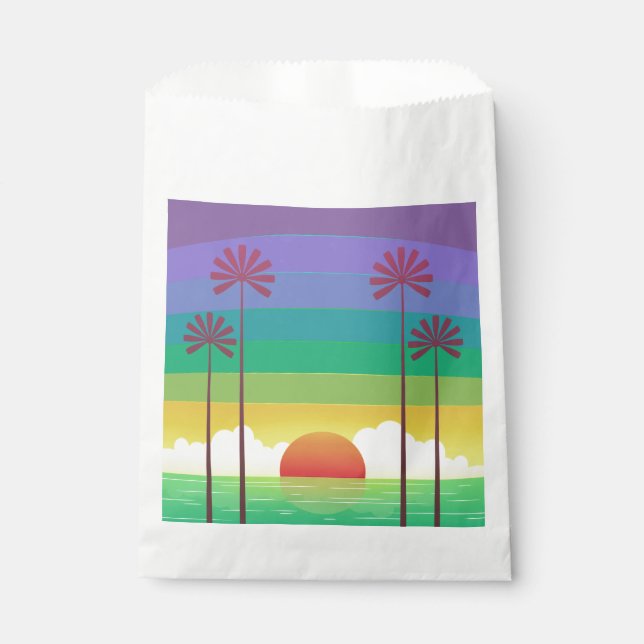 Retro Purple Sunset Palm Trees Art Favour Bags (Front)