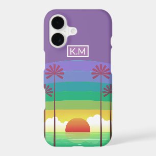 Retro Purple Sunset Palm Trees Art Monogram