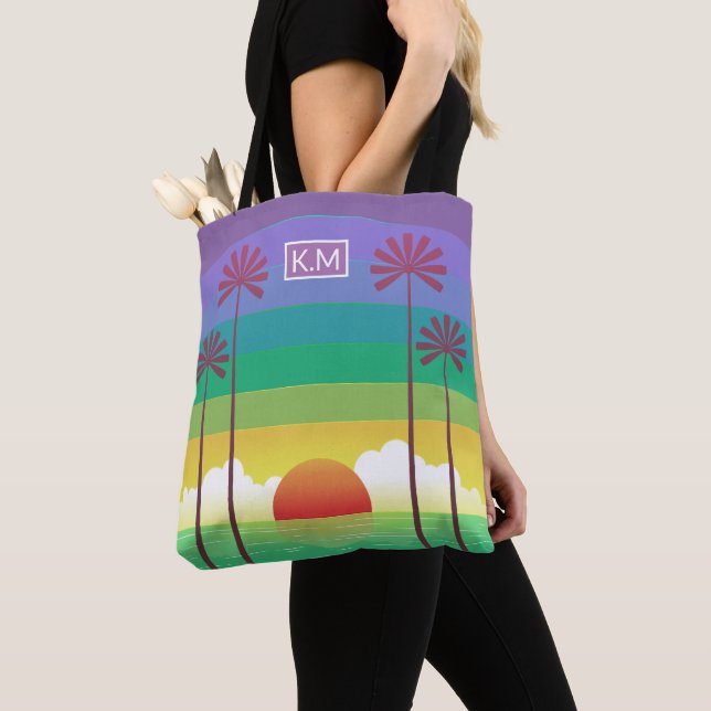 Retro Purple Sunset Palm Trees Art Monogram Tote Bag (Close Up)