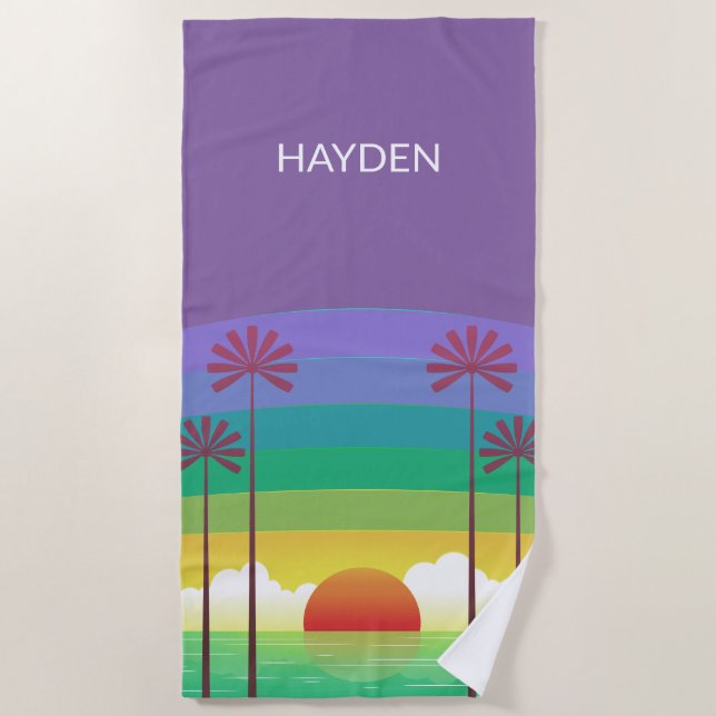 Retro Purple Sunset Palm Trees Art Personalised Beach Towel (Front)