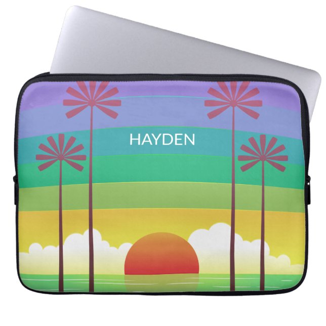Retro Purple Sunset Palm Trees Art Personalised Laptop Sleeve (Front)
