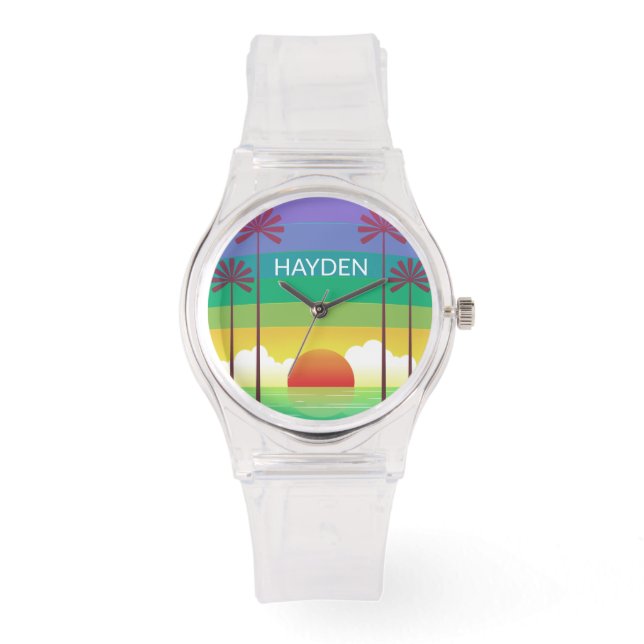 Retro Purple Sunset Palm Trees Art Personalised Watch (Front)