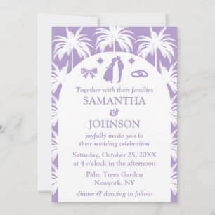 Retro Purple Tropical Palm Tree Photo Wedding Invitation