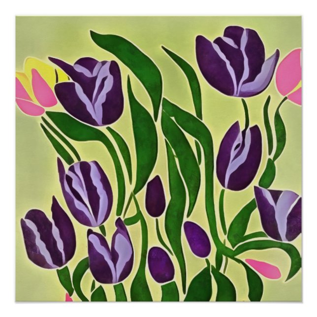 Retro Purple Tulips Abstract Art  Poster (Front)