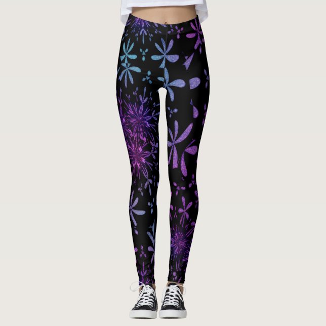 Retro Purple Turquoise Floral Batik Leggings (Front)