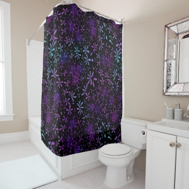 Retro Purple Turquoise Floral Batik Shower Curtain (In Situ)