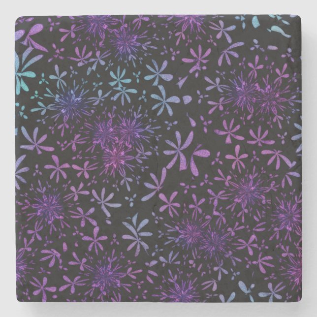 Retro Purple Turquoise Floral Batik Stone Coaster (Front)