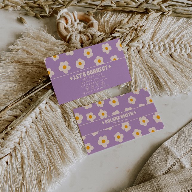 Retro Purple White Groovy Floral Boho Trendy Fun Business Card (Creator Uploaded)