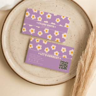 Retro Purple White QR Code Groovy Floral Trendy  Business Card
