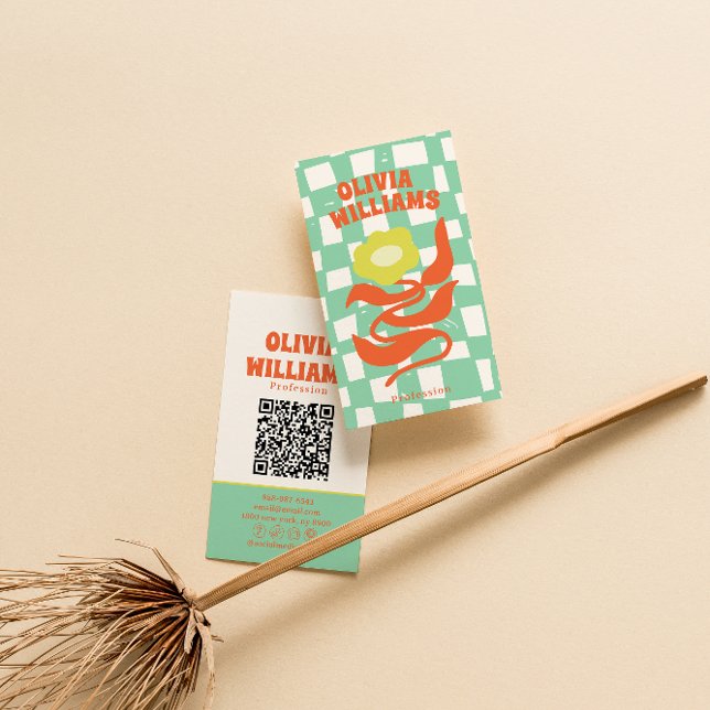 Retro QR Code Boho Groovy Checkered Floral Daisy Business Card (Creator Uploaded)