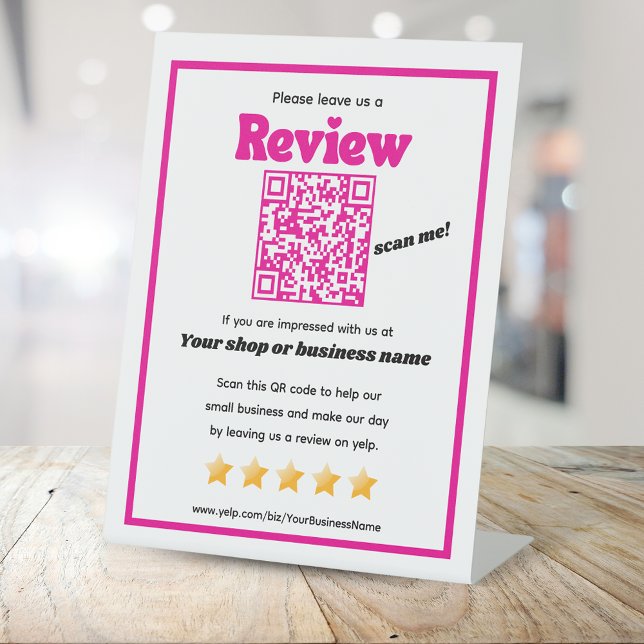 Retro QR code 'leave us a review' YELP pink Pedestal Sign (Creator Uploaded)