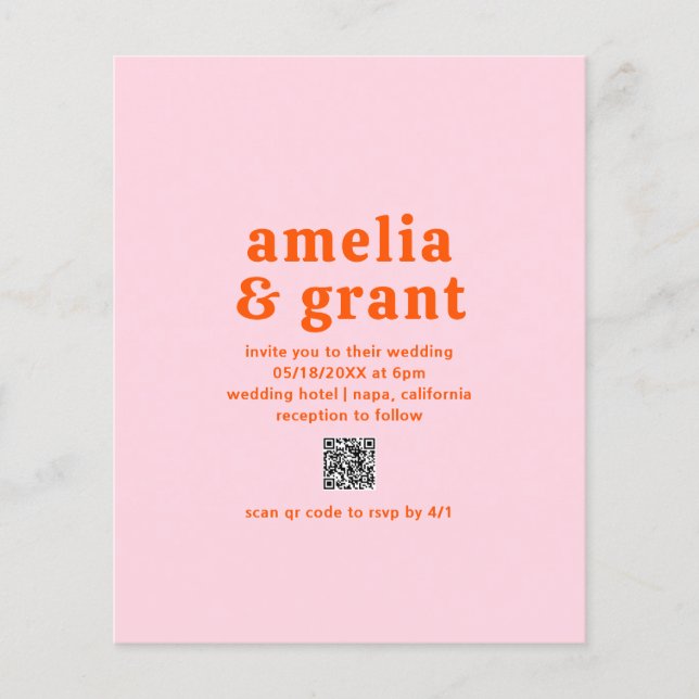 Retro QR Code Pink Budget Wedding Invitation Flyer (Front)