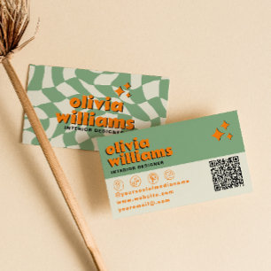 Retro QR Code Psychedelic Groovy Checkered Unique  Business Card