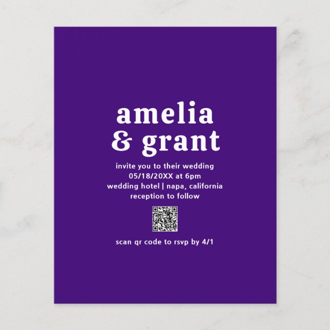 Retro QR Code Purple Budget Wedding Invitation Flyer (Front)