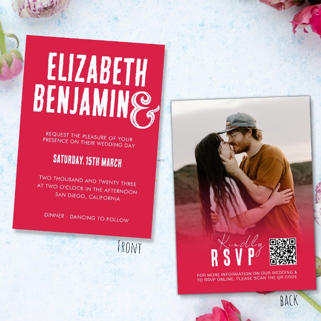 Retro QR Code RSVP Photo Magenta Wedding Invitation (Creator Uploaded)