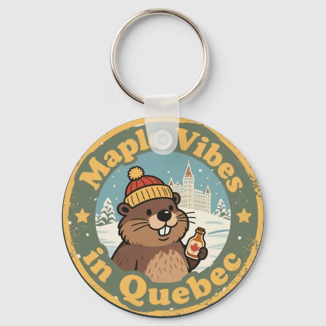 Retro Quebec Maple Syrup Key Ring (Front)