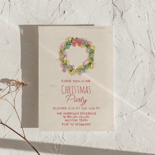 Retro Quirky Colourful Christmas Bow Wreath Party  Invitation (Creator Uploaded)