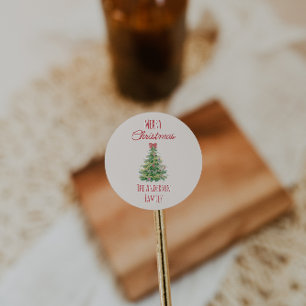 Retro Quirky Green Red Christmas Bow Tree Colorful Classic Round Sticker