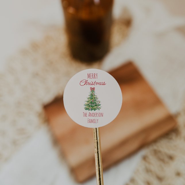 Retro Quirky Green Red Christmas Bow Tree Colourfu Classic Round Sticker (Creator Uploaded)