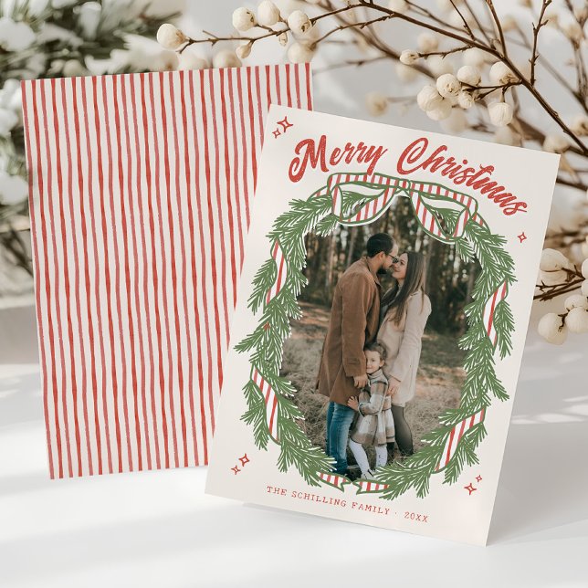 Retro Quirky Hand Drawn Wreath Bow Photo Christmas Holiday Card (Retro quirky hand drawn bow wreath greenery watercolor stripes Merry Christmas Photo Holiday Card )