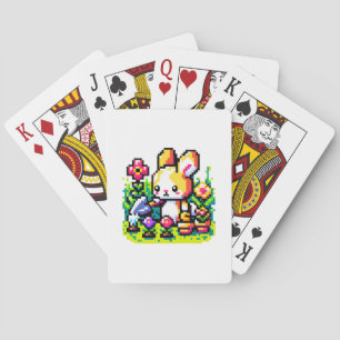 Retro Rabbit Gardener Vibrant Pixelated Garden Art Playing Cards